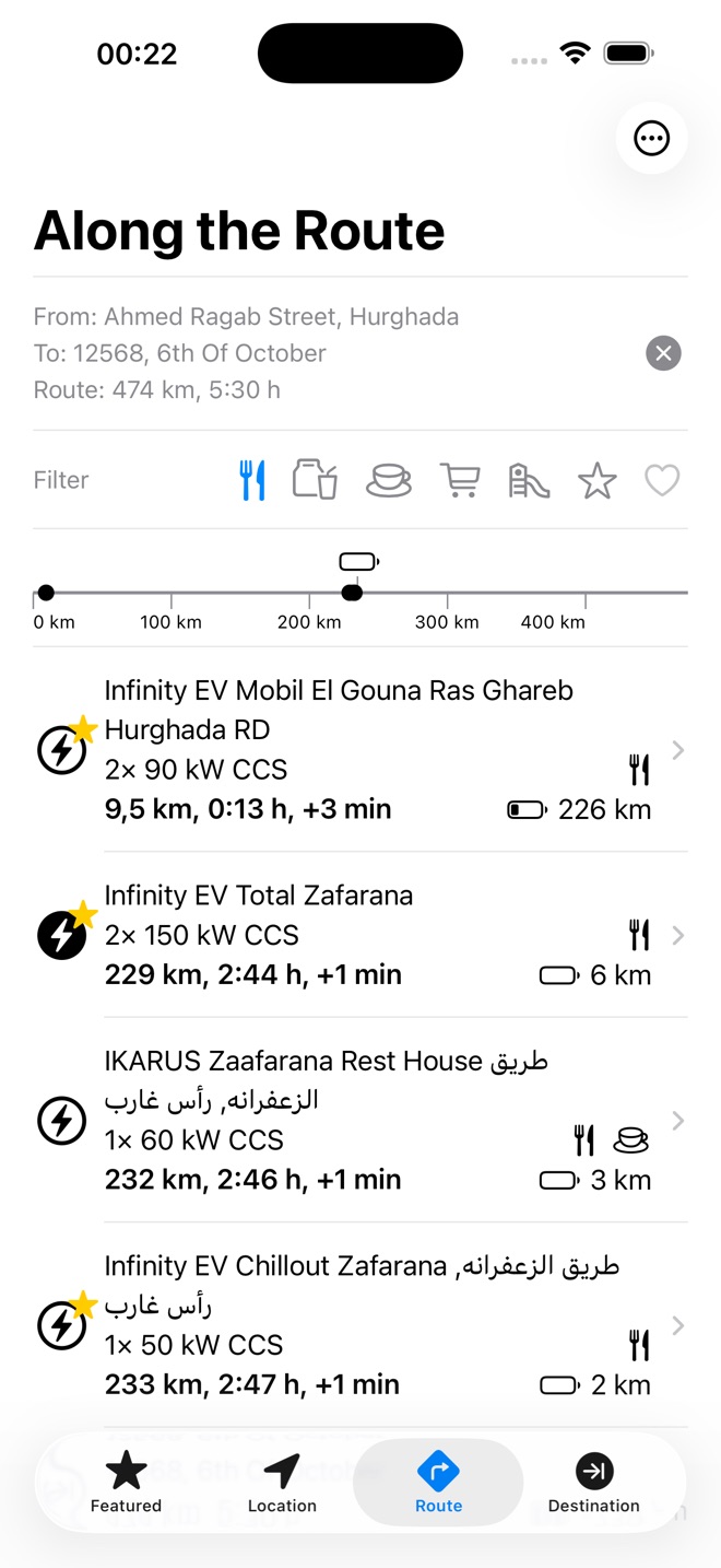 Range, detour and arrival